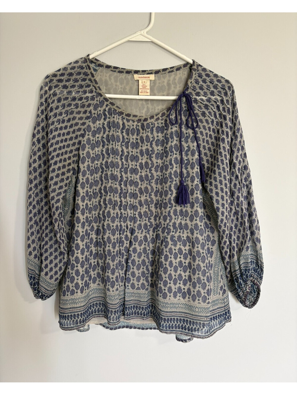 Sundance Silk Blouse Small Blue Gray Boho Peasant Tassel Pleated 3/4 Sleeves